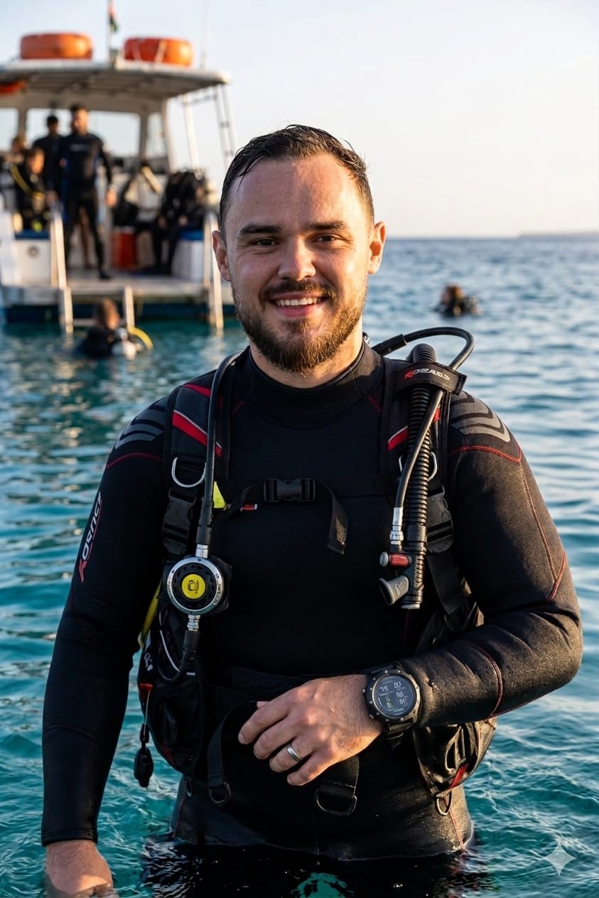 Elandré Vlok, founder of weDesiign, after a dive