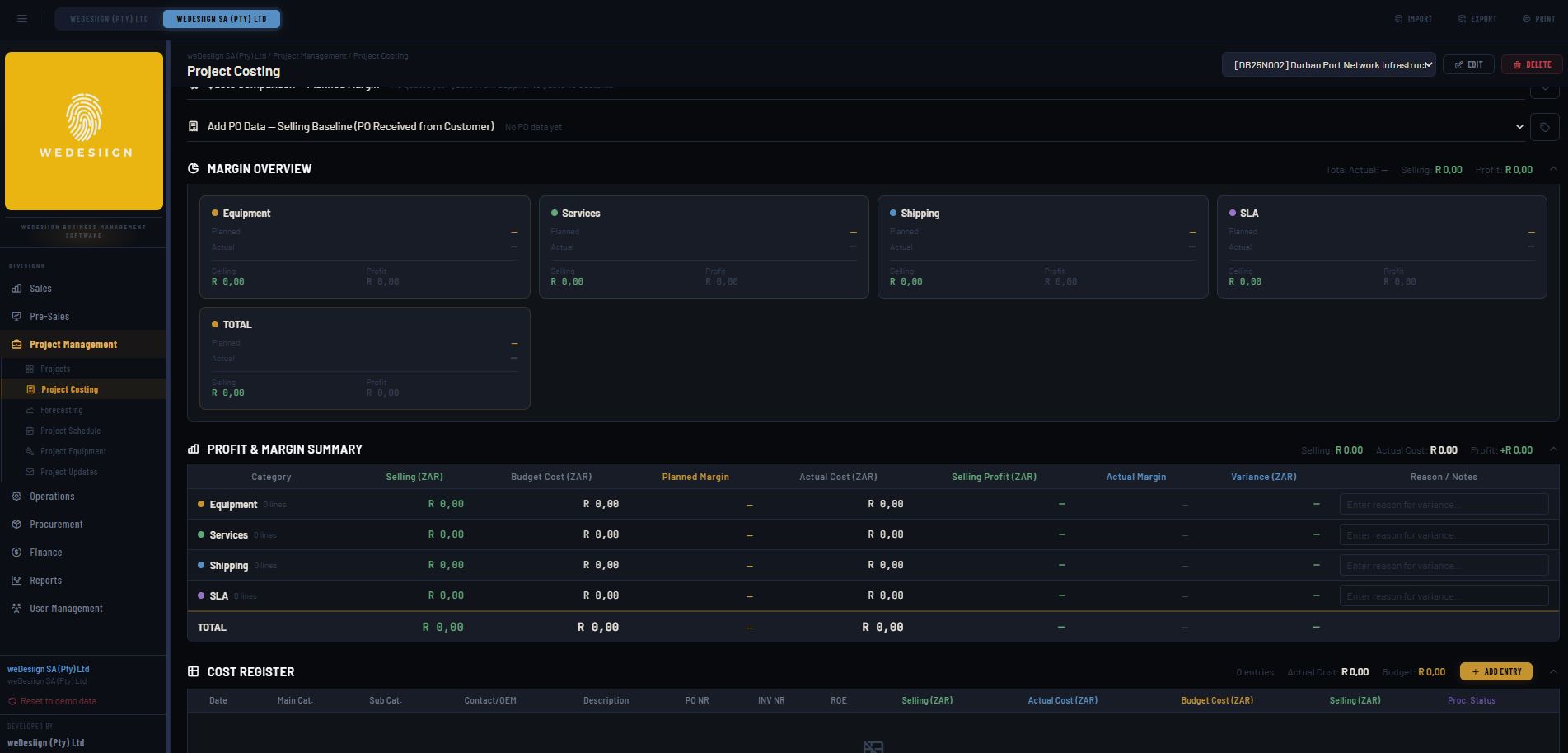 Business management software built by weDesiign, dark-mode project and budget tracker